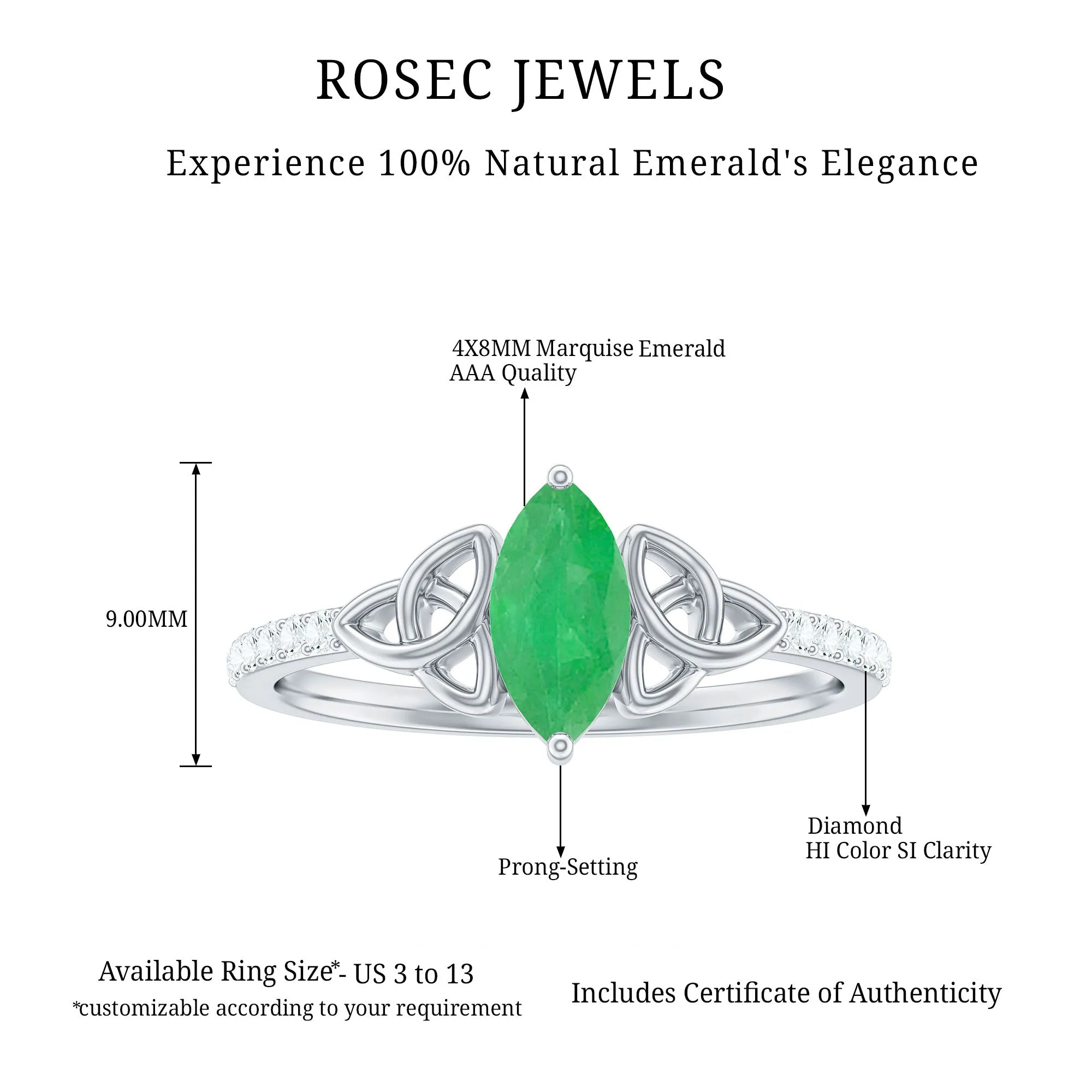 1 CT Marquise Shape Emerald Solitaire Ring with Celtic Knots and Diamond Accent