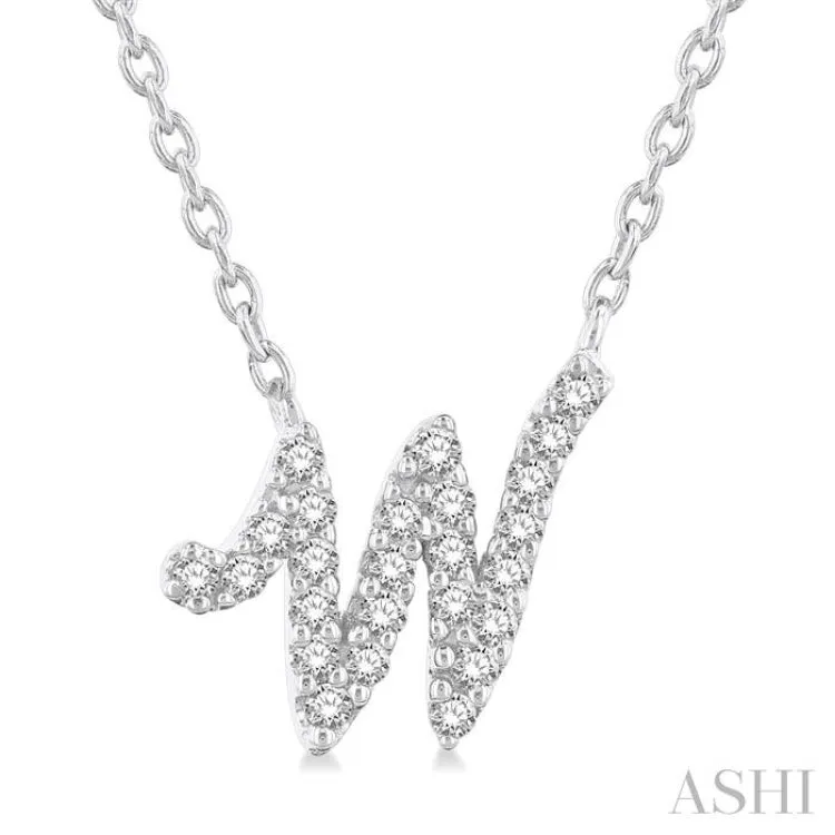 1/10 Ctw Initial 'W' Round cut Diamond Pendant With Chain in 10K White Gold