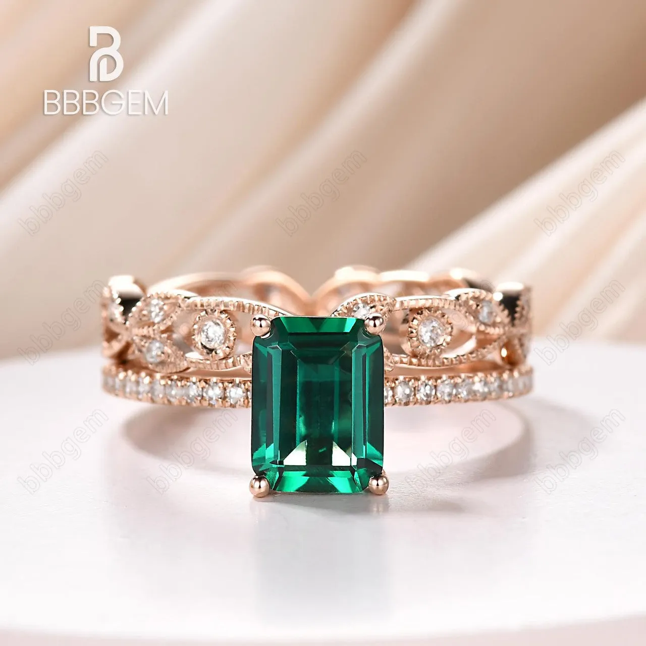 1.4 Carat Emerald Cut Emerald Wedding Set Diamond Bridal Ring 14k White Gold Flower Art Deco Eternity Band