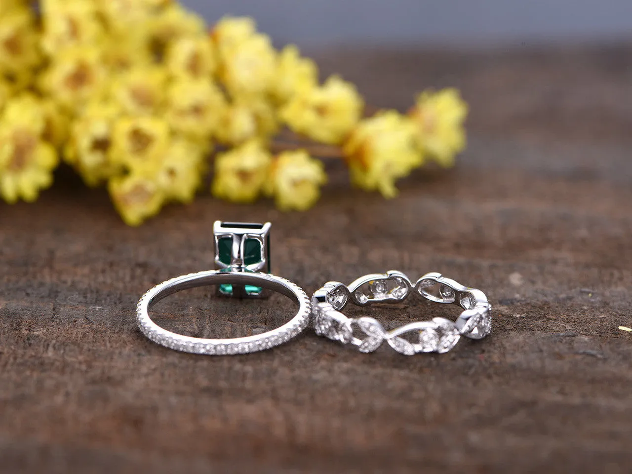 1.4 Carat Emerald Cut Emerald Wedding Set Diamond Bridal Ring 14k White Gold Flower Art Deco Eternity Band