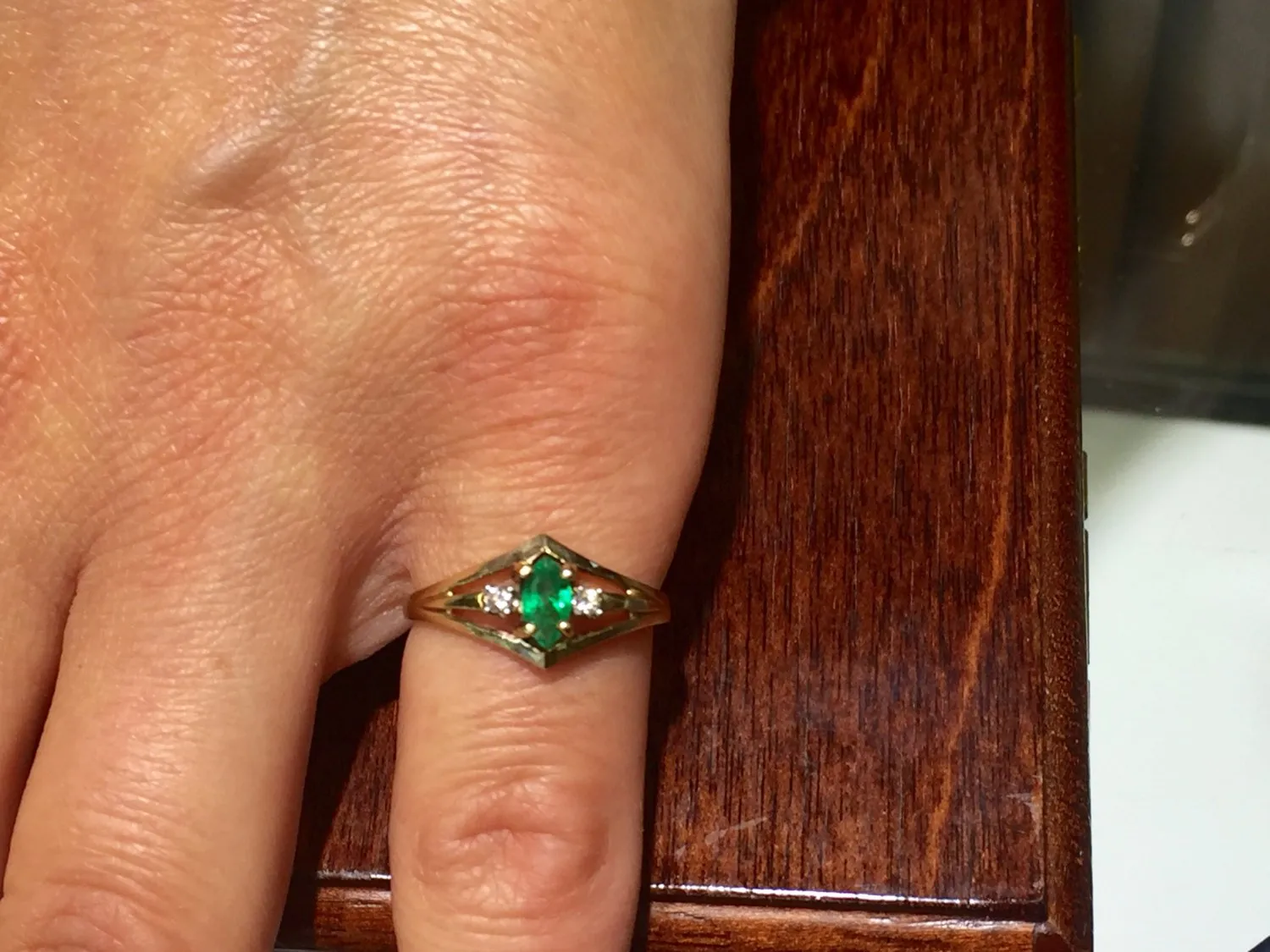 14 K Yellow Gold Marquise Shaped Emerald And Diamond Ring