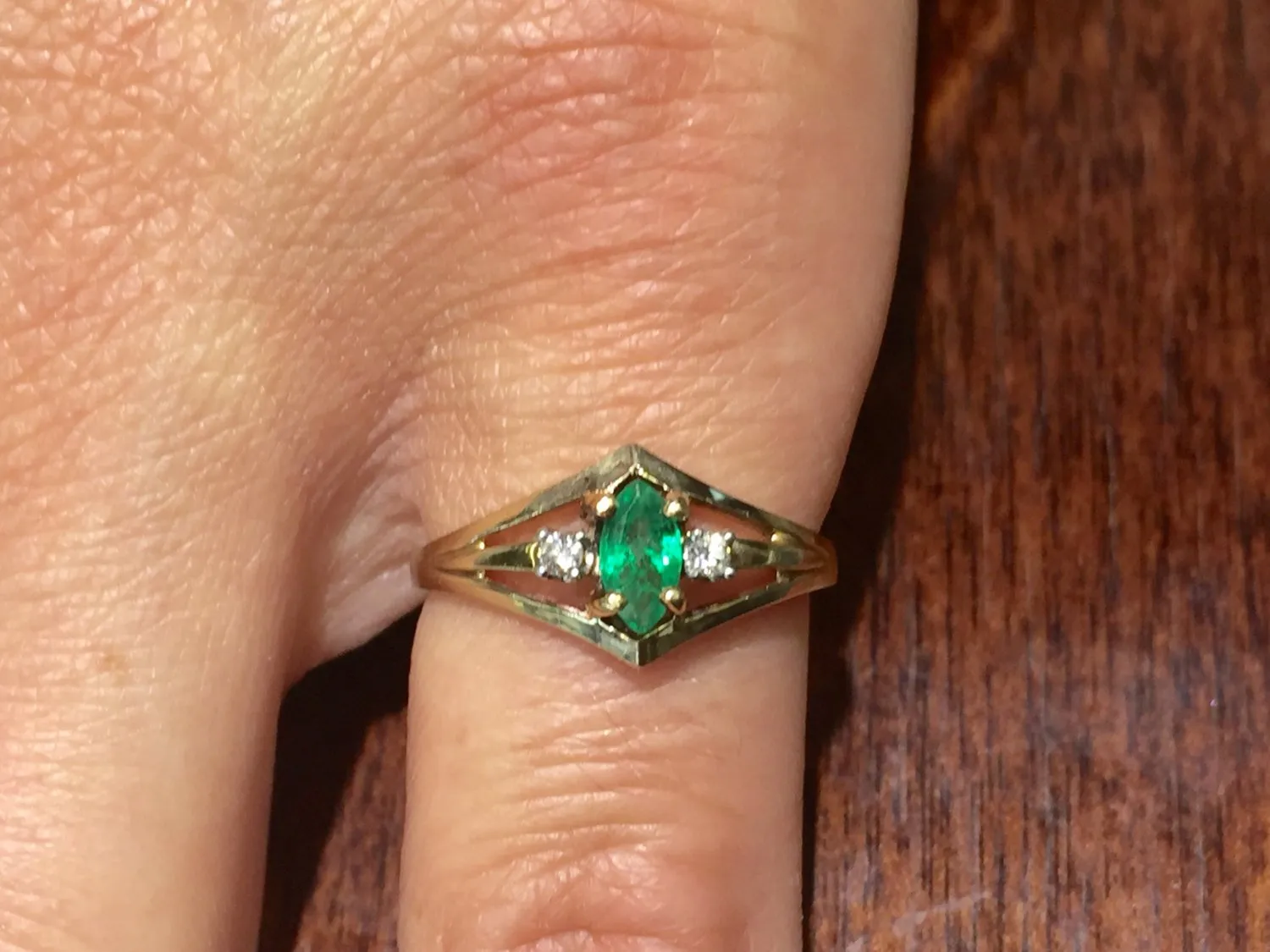 14 K Yellow Gold Marquise Shaped Emerald And Diamond Ring