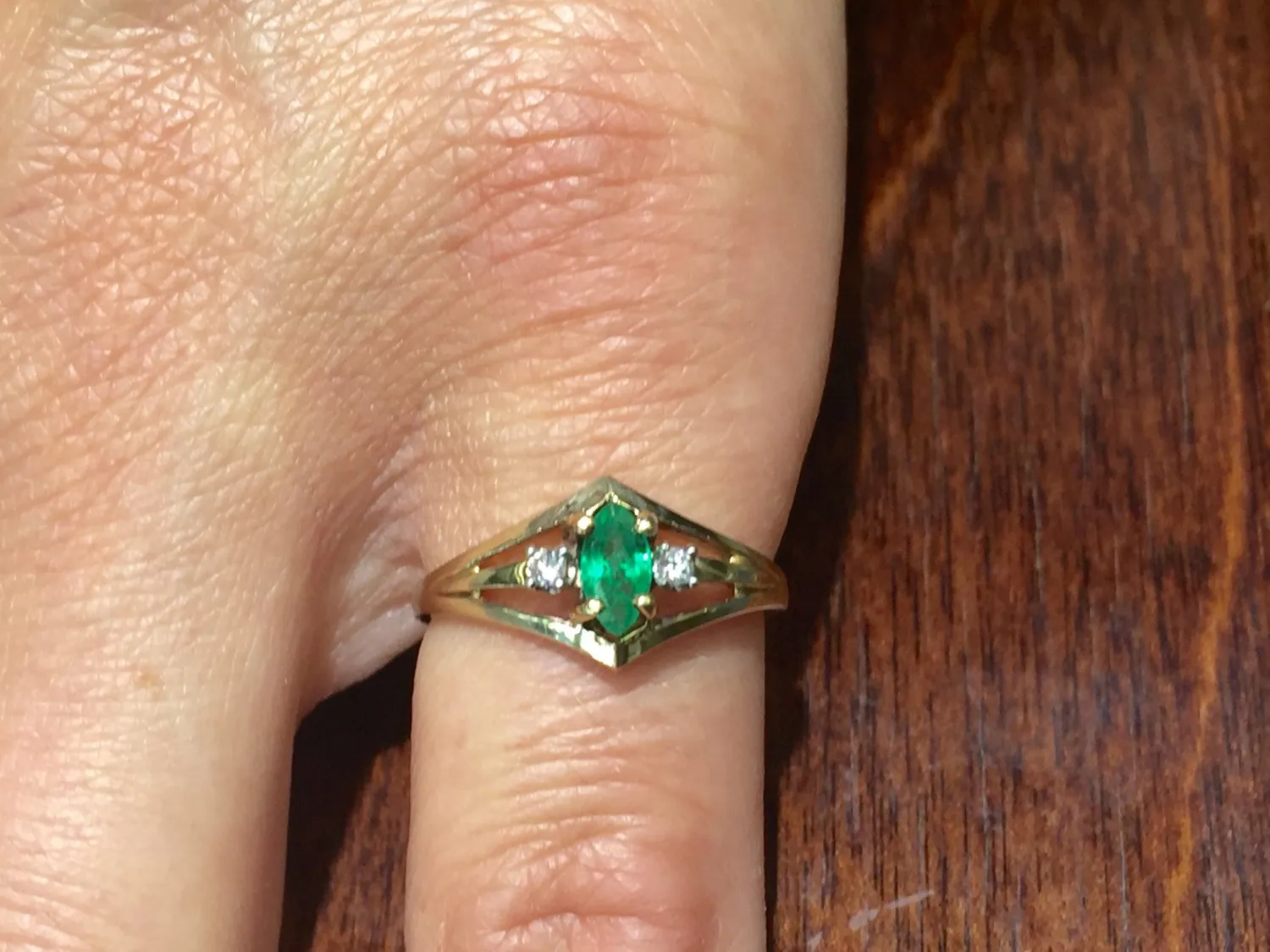 14 K Yellow Gold Marquise Shaped Emerald And Diamond Ring