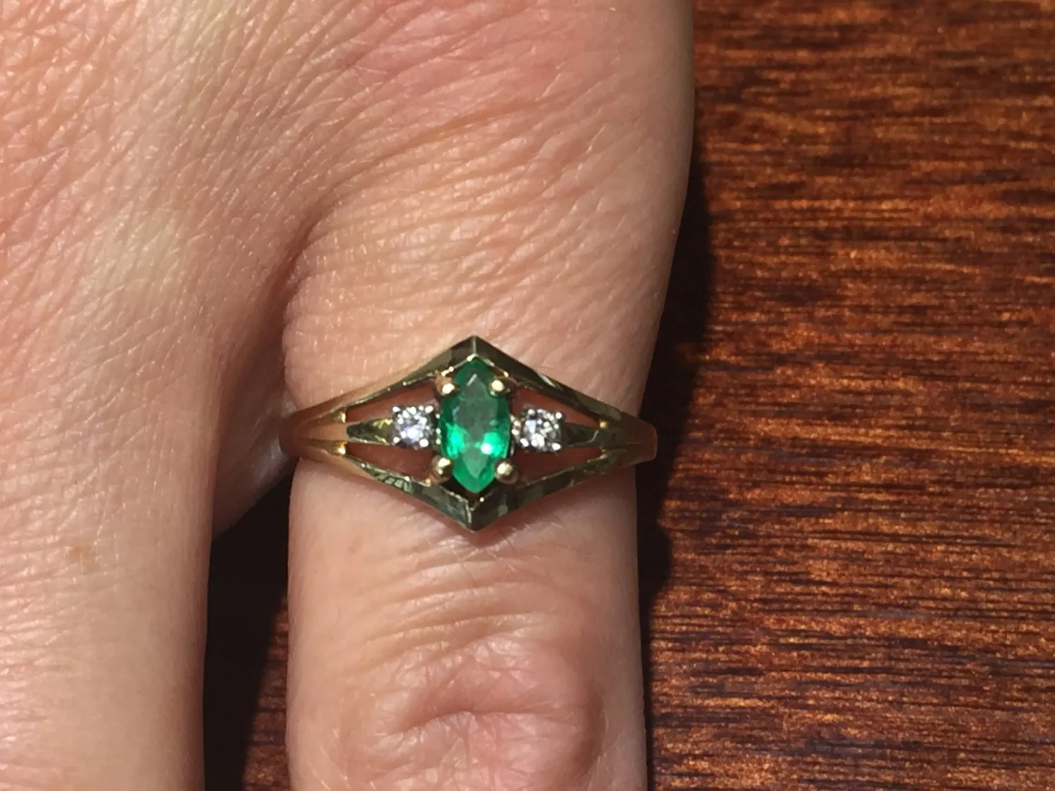 14 K Yellow Gold Marquise Shaped Emerald And Diamond Ring