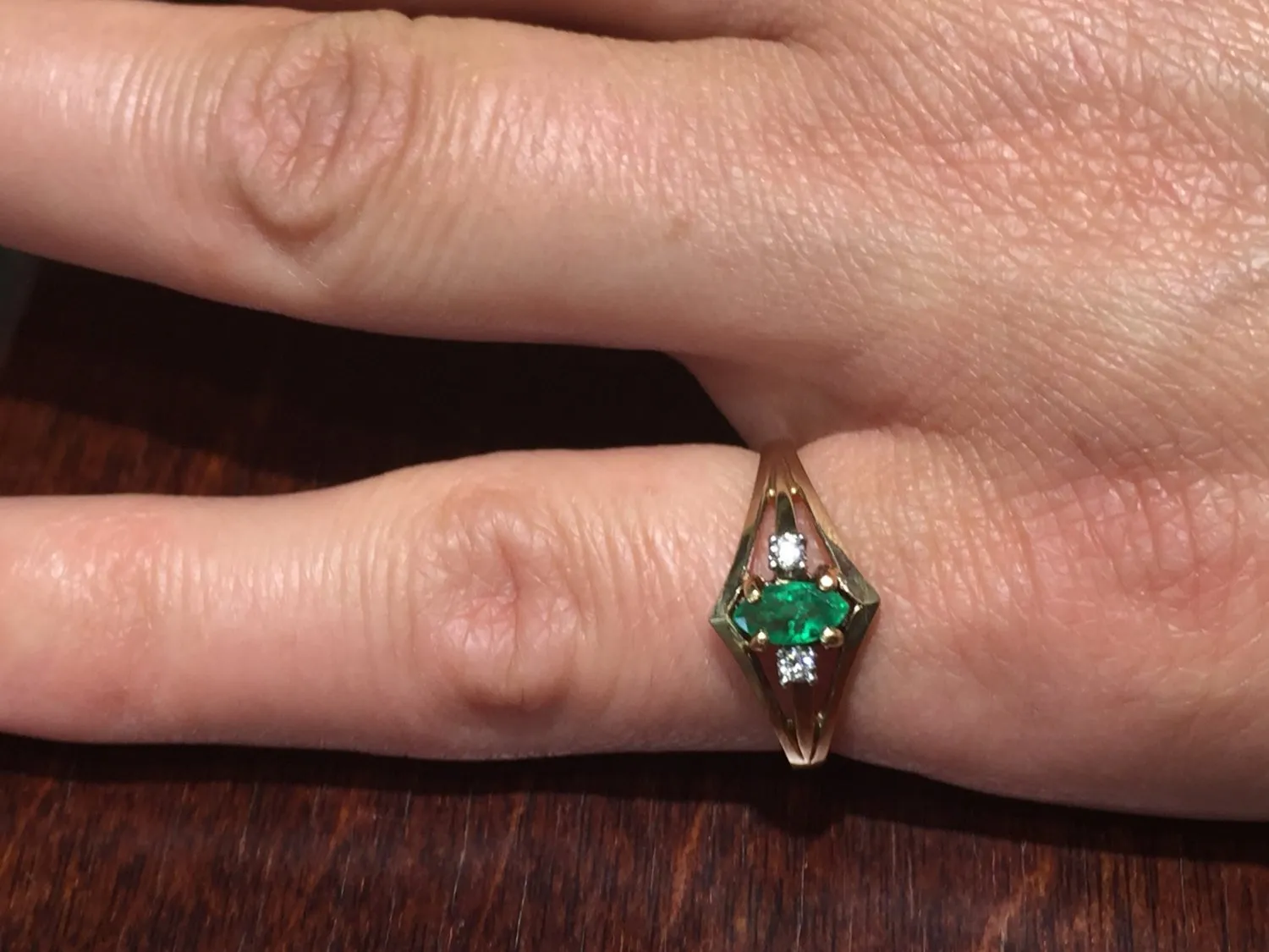 14 K Yellow Gold Marquise Shaped Emerald And Diamond Ring