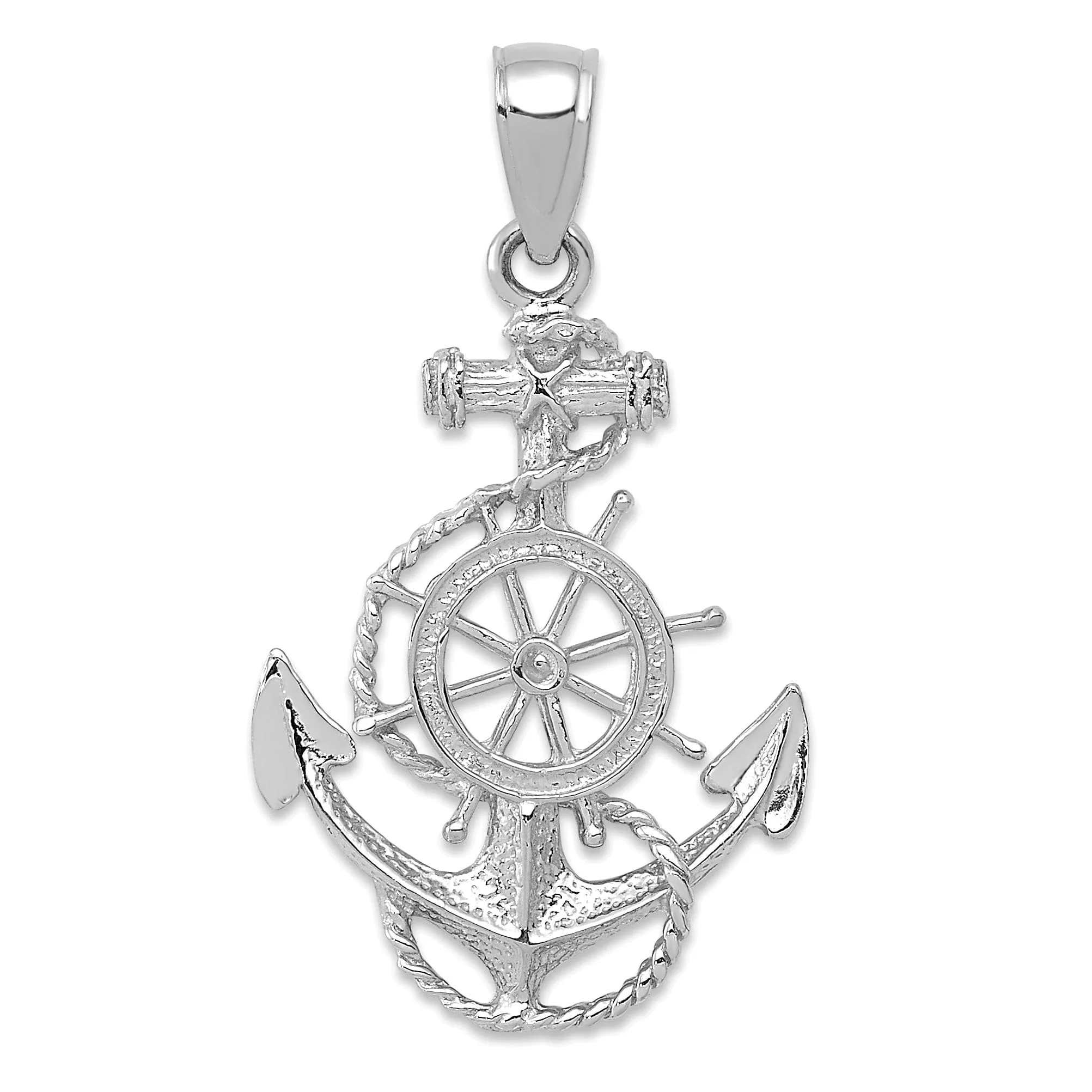 14K White Gold Textured Polished Solid Anchor Rope Wheel Design Charm