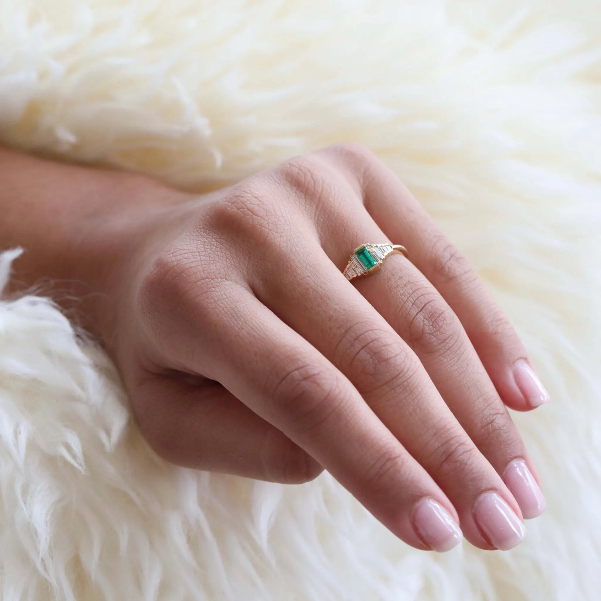 18K Gold and Emerald Ring with Graduated Needle Baguette Diamonds