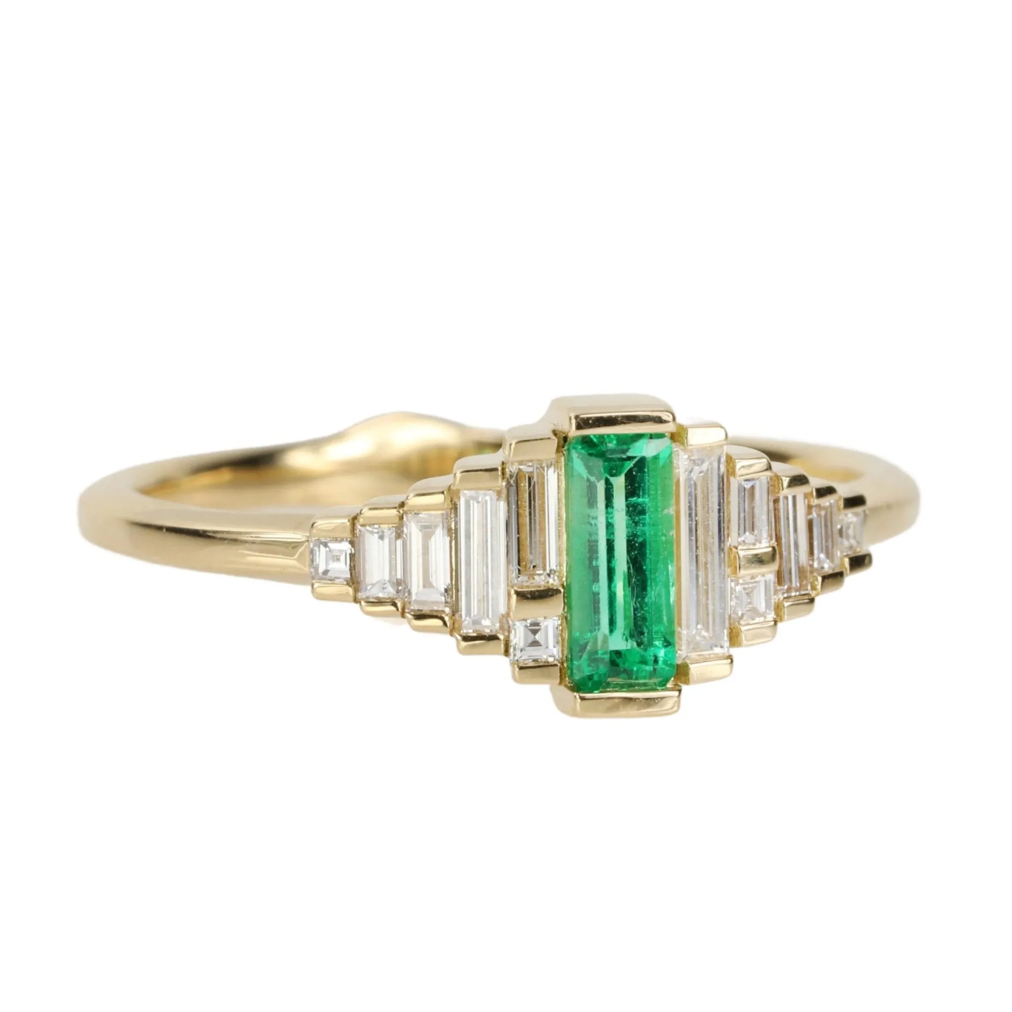 18K Gold and Emerald Ring with Graduated Needle Baguette Diamonds