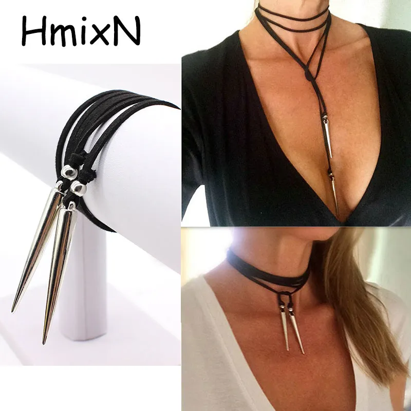 2017 Vintage Long black rope leather Burlesque Choker Necklaces Gothic Hollow layer Suede False Collar Chocker for women Bijoux