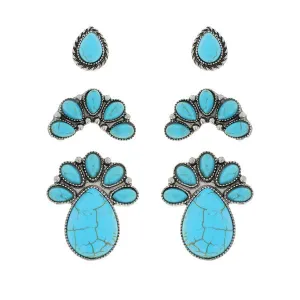 3 Piece Set Turquoise Stud Earrings