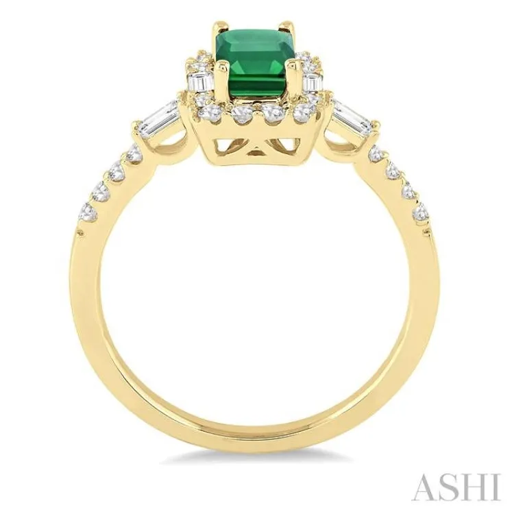 6x4 MM Octagon Cut Emerald and 1/2 Ctw Round Cut Diamond Precious Ring in 14K Yellow Gold