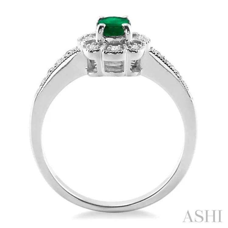 6x4 mm Oval Cut Emerald and 1/20 ctw Single Cut Diamond Ring in Sterling Silver