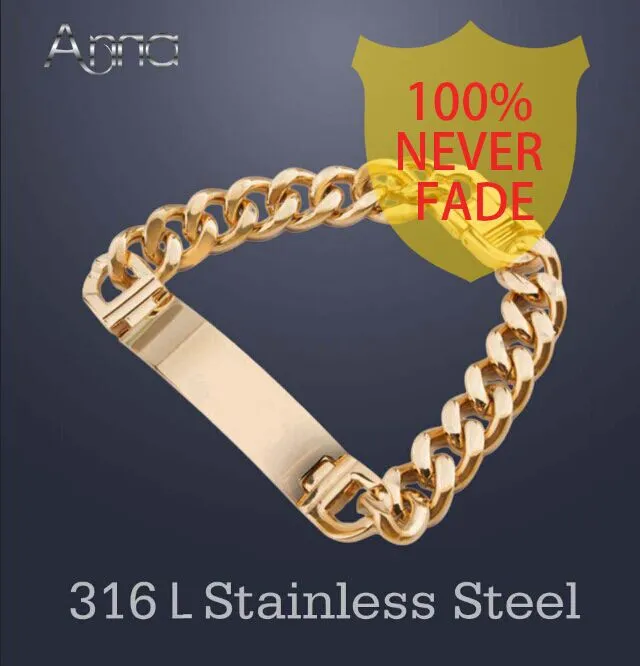 A&N AAA Never Fade!!  Stainless Steel ID Bracelets Men Fashion Jewelry Gold Silver Men Id Bracelet Pulsera Hombre Solid Bracelet