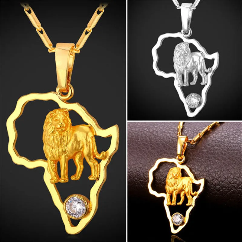 African Jewelry Hip Hop Necklace Men Women Vintage Lion Pendant & Chain Platinum/Gold Plated Africa Map