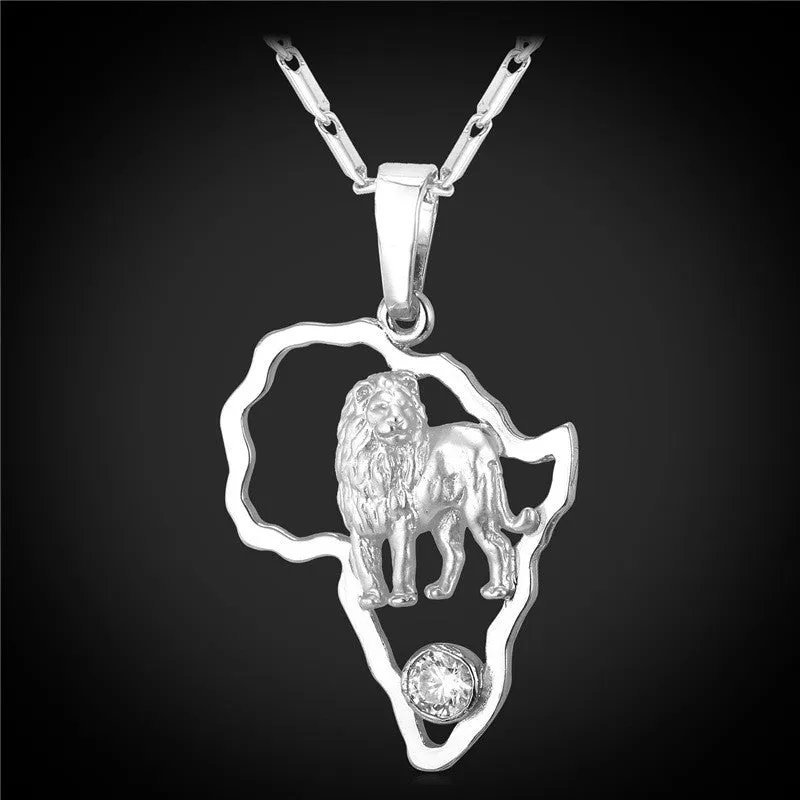 African Jewelry Hip Hop Necklace Men Women Vintage Lion Pendant & Chain Platinum/Gold Plated Africa Map