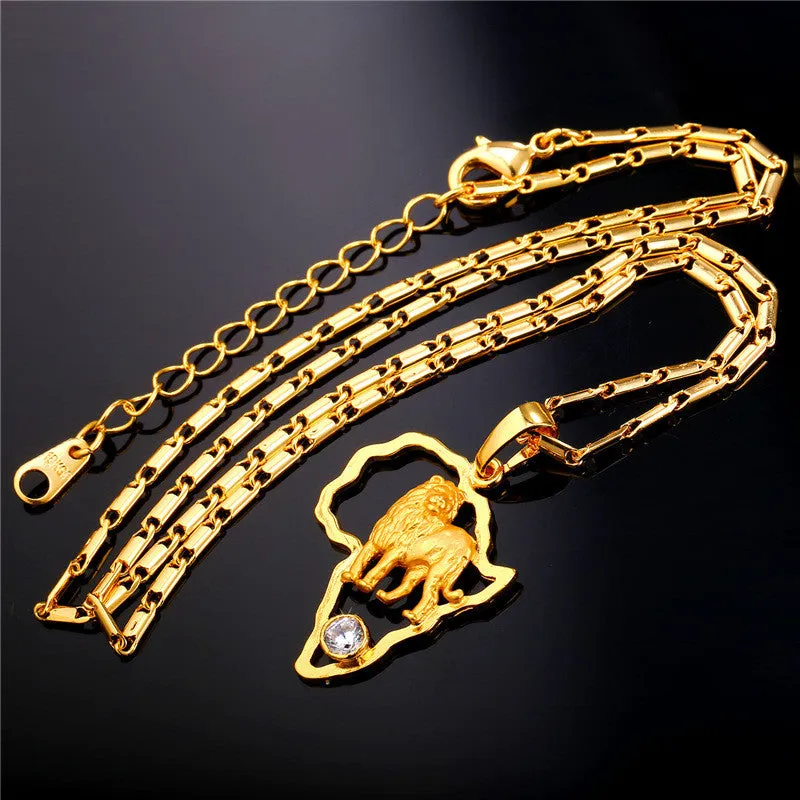 African Jewelry Hip Hop Necklace Men Women Vintage Lion Pendant & Chain Platinum/Gold Plated Africa Map