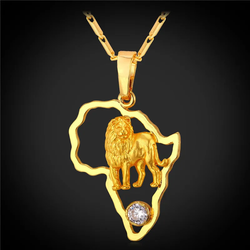 African Jewelry Hip Hop Necklace Men Women Vintage Lion Pendant & Chain Platinum/Gold Plated Africa Map