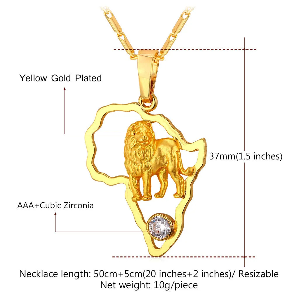 African Jewelry Hip Hop Necklace Men Women Vintage Lion Pendant & Chain Platinum/Gold Plated Africa Map