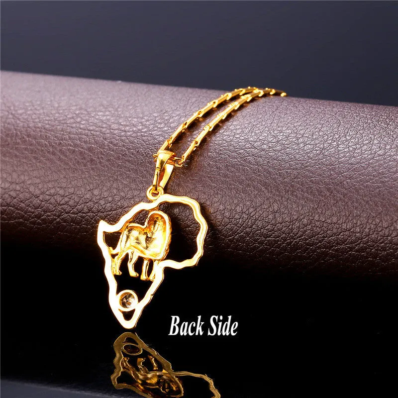 African Jewelry Hip Hop Necklace Men Women Vintage Lion Pendant & Chain Platinum/Gold Plated Africa Map