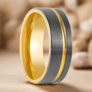 AFRIDI | Gun Metal Tungsten Ring,  Gold Inside, Offset Gold Groove, Flat