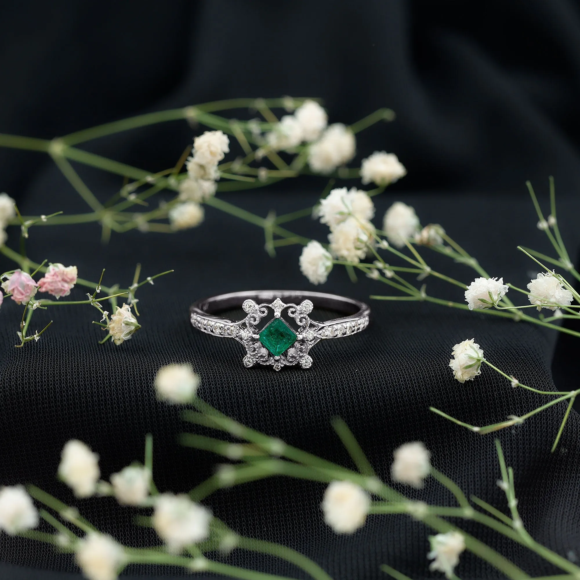 Antique Style Emerald and Diamond Engagement Ring with Beaded Detailing