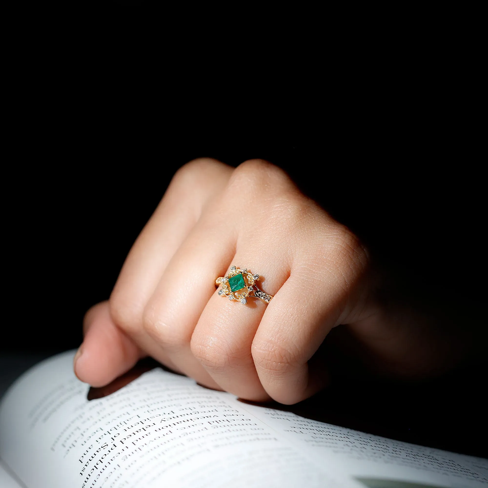 Antique Style Emerald and Diamond Engagement Ring with Beaded Detailing