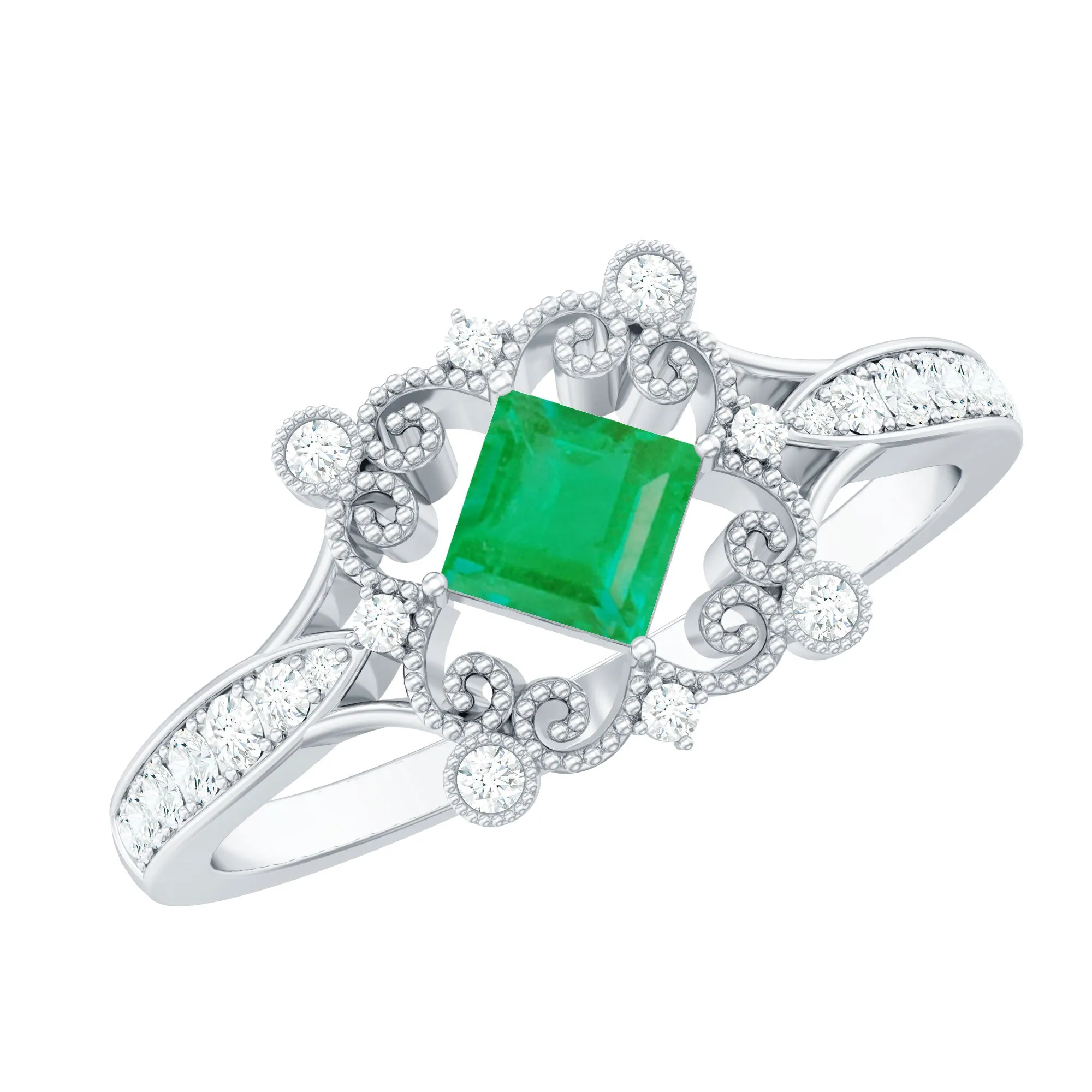 Antique Style Emerald and Diamond Engagement Ring with Beaded Detailing