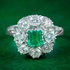 Art Deco Emerald Diamond Cluster Ring 0.38ct Emerald