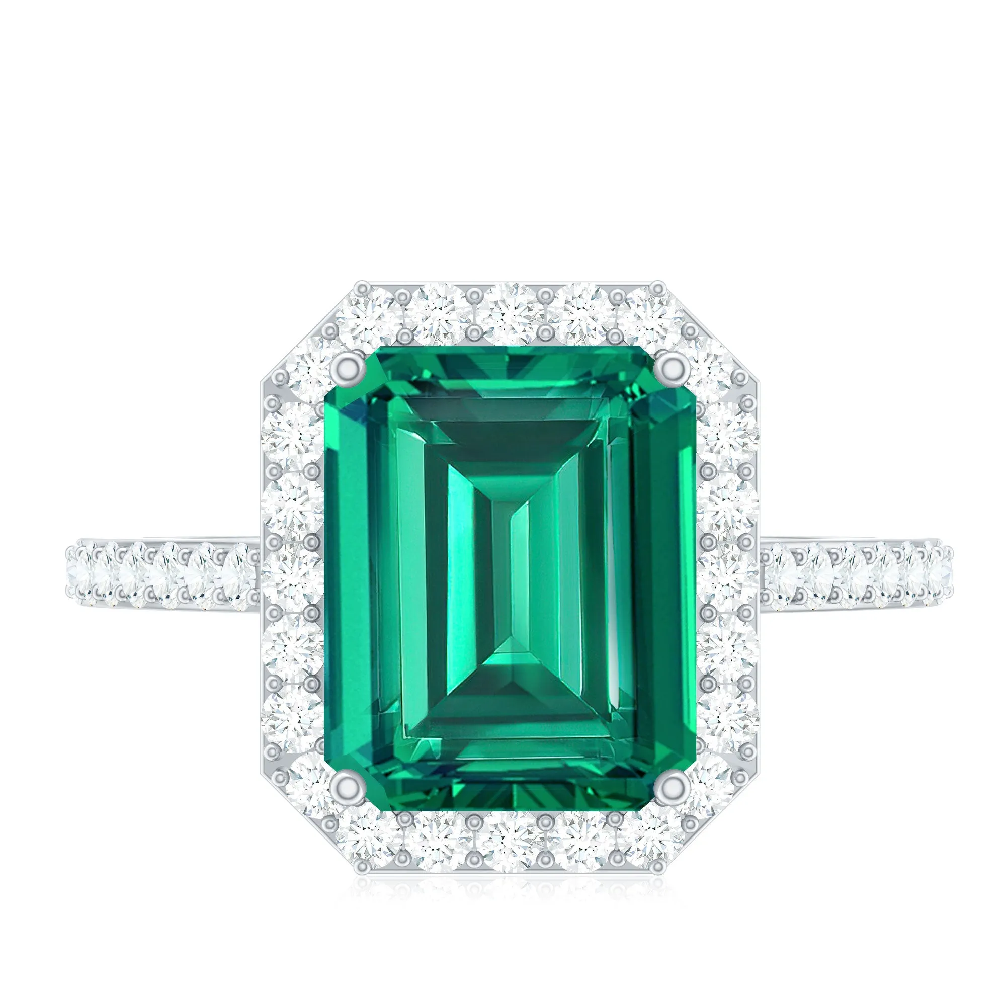 Big Octagon Cut Created Emerald Halo Engagement Ring with Diamond