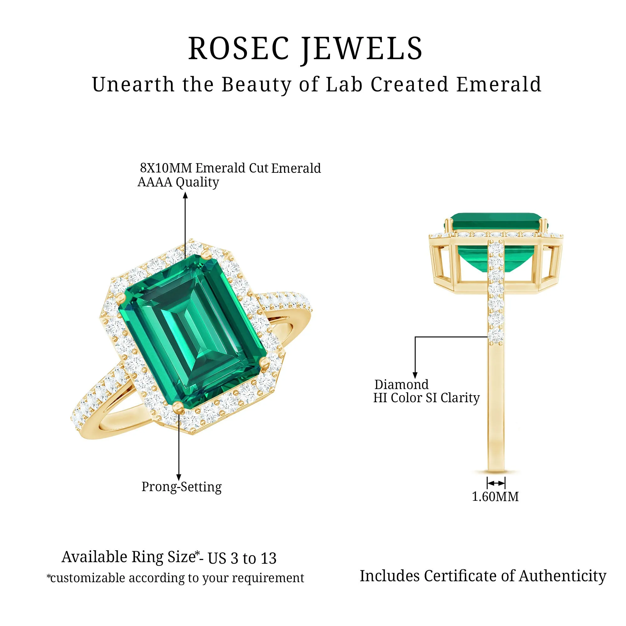 Big Octagon Cut Created Emerald Halo Engagement Ring with Diamond