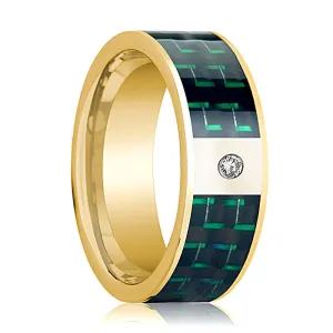 Black and Green Carbon Fiber Inlaid Men's 14k Yellow Gold Wedding Band with Diamond - 8MM