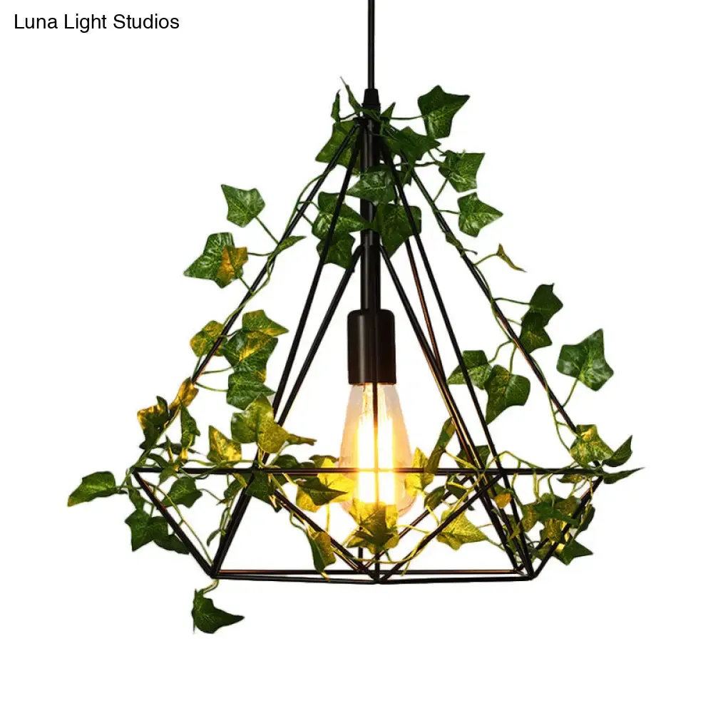 Black Diamond Metal Ceiling Light with LED Down Lighting Pendant and Plant Décor - 10"/15"/18" W