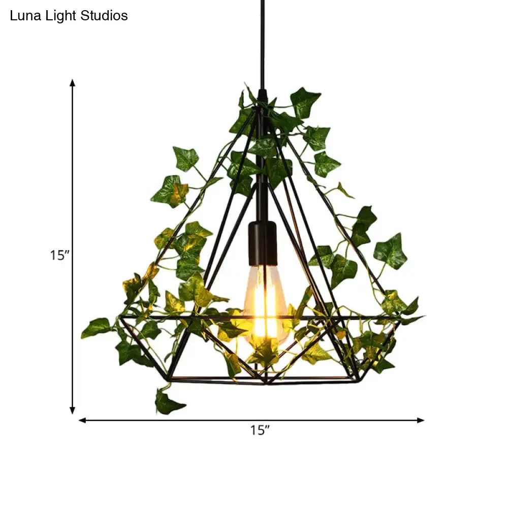 Black Diamond Metal Ceiling Light with LED Down Lighting Pendant and Plant Décor - 10"/15"/18" W