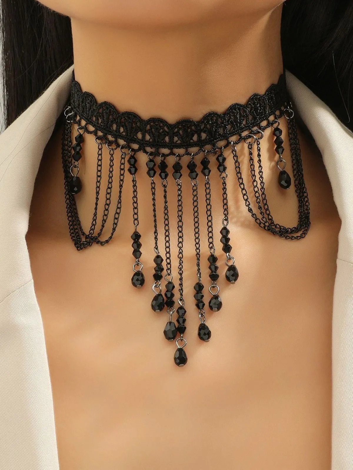 Black Halloween Gothic Lace Beaded Choker Necklace