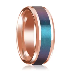 Blue and Purple Color Changing Inlaid 14k Rose Gold Wedding band for Men with Beveled Edges Polished Finish - 8MM