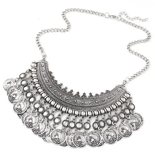 Bohemian Gypsy Tassel Silver Coin Necklaces & Pendants for Women Vintage Statement Maxi Necklace Choker Collier Femme