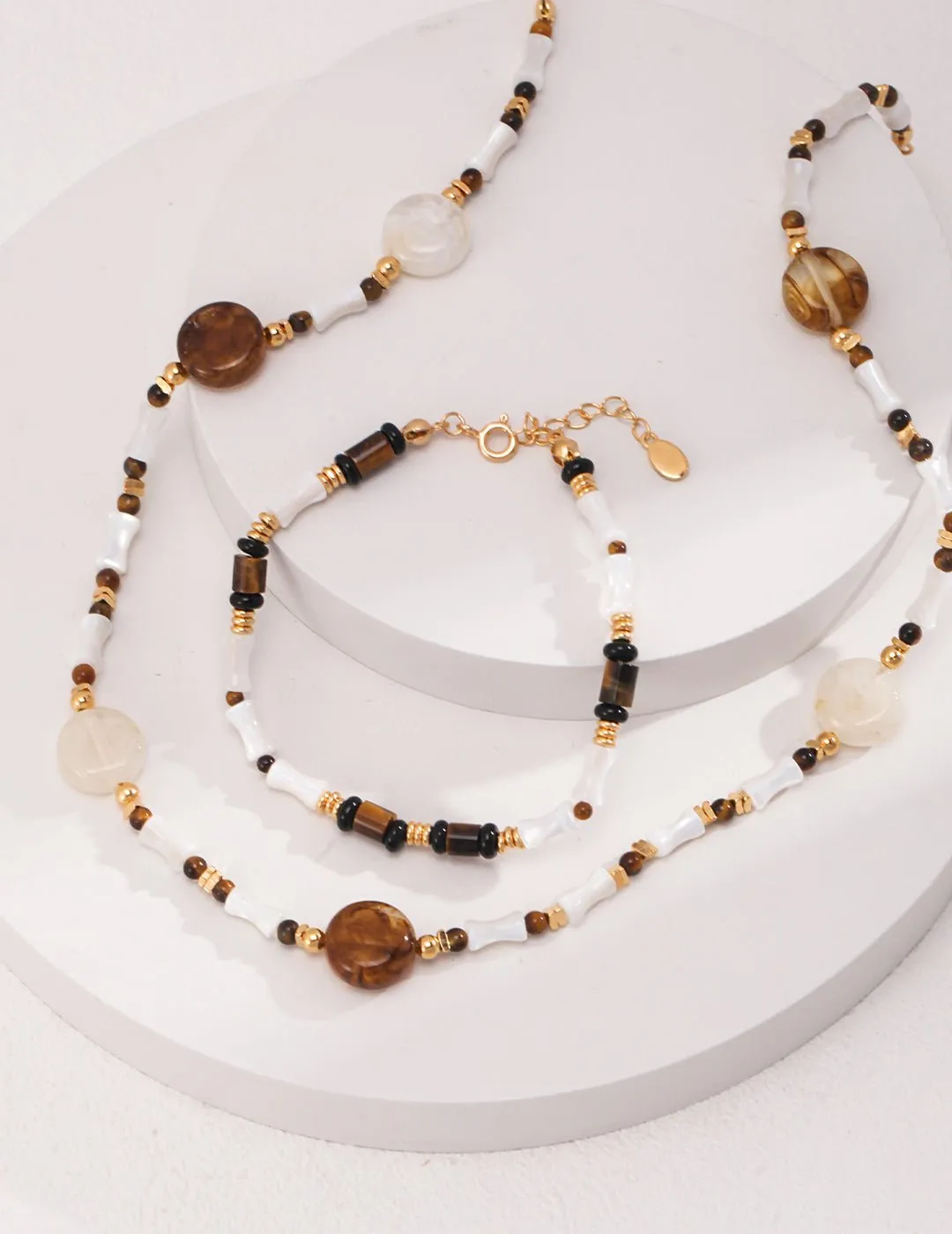 Brown Tiger Eye Stone Shells Beaded Necklace