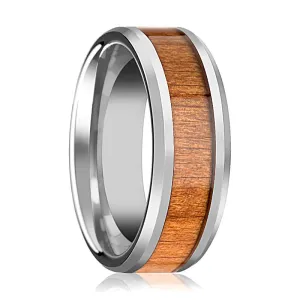 BRUNSWICK | Silver Tungsten Ring, American Cherry Wood Inlay, Beveled