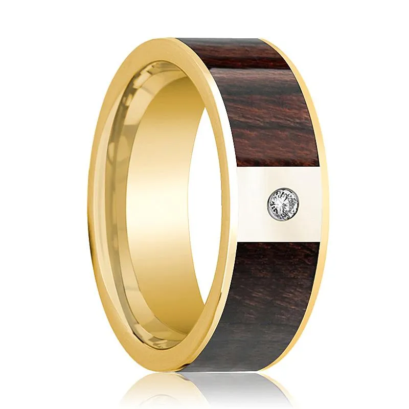 Bubinga Wood Inlaid Men's 14k Yellow Gold Wedding Band with White Diamond in Center - 8MM