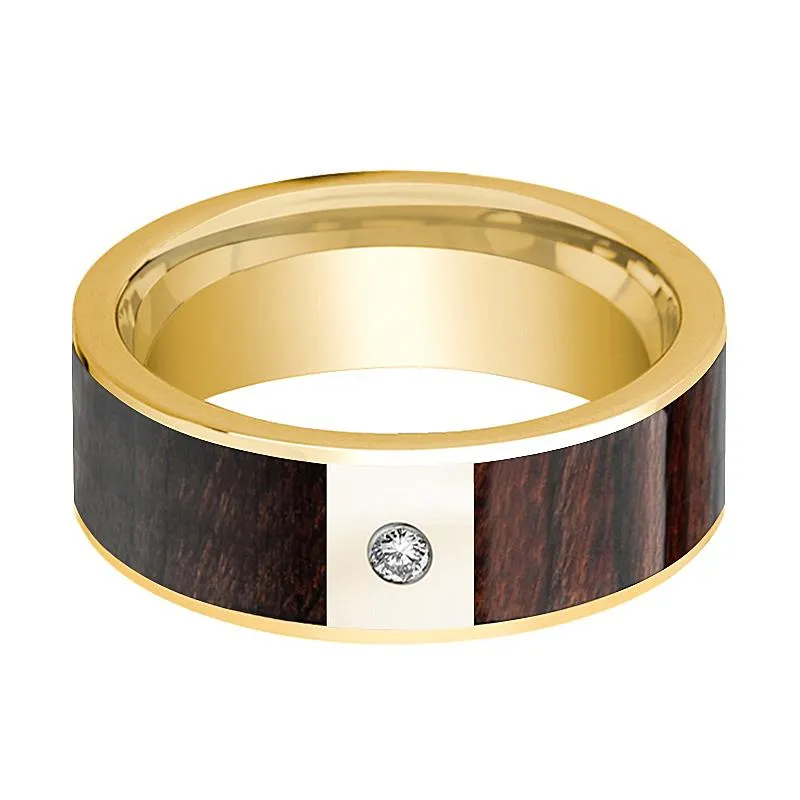 Bubinga Wood Inlaid Men's 14k Yellow Gold Wedding Band with White Diamond in Center - 8MM