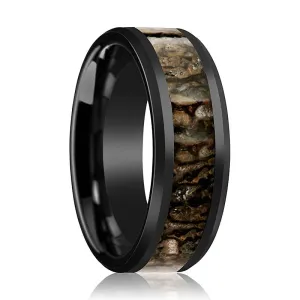 CADMUS | Black Ceramic Ring, Brown Dinosaur Bone Inlay, Beveled