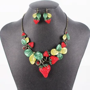 Classic Strawberry Jewelry Sets High Quality Antique Gold Plated Red Sweet Fruit Necklace Set Party Gifts