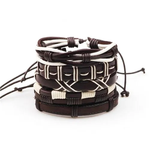 Classy Men Brown Leather Bracelet Set