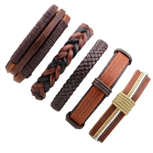 Classy Men Brown Leather Bracelet Set