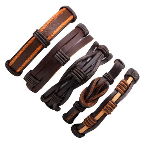 Classy Men Brown Leather Bracelet Set