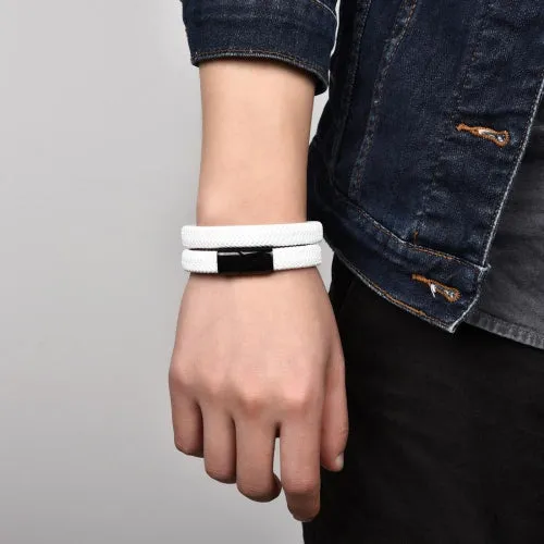 Classy Men White & Black Braided Leather Bracelet