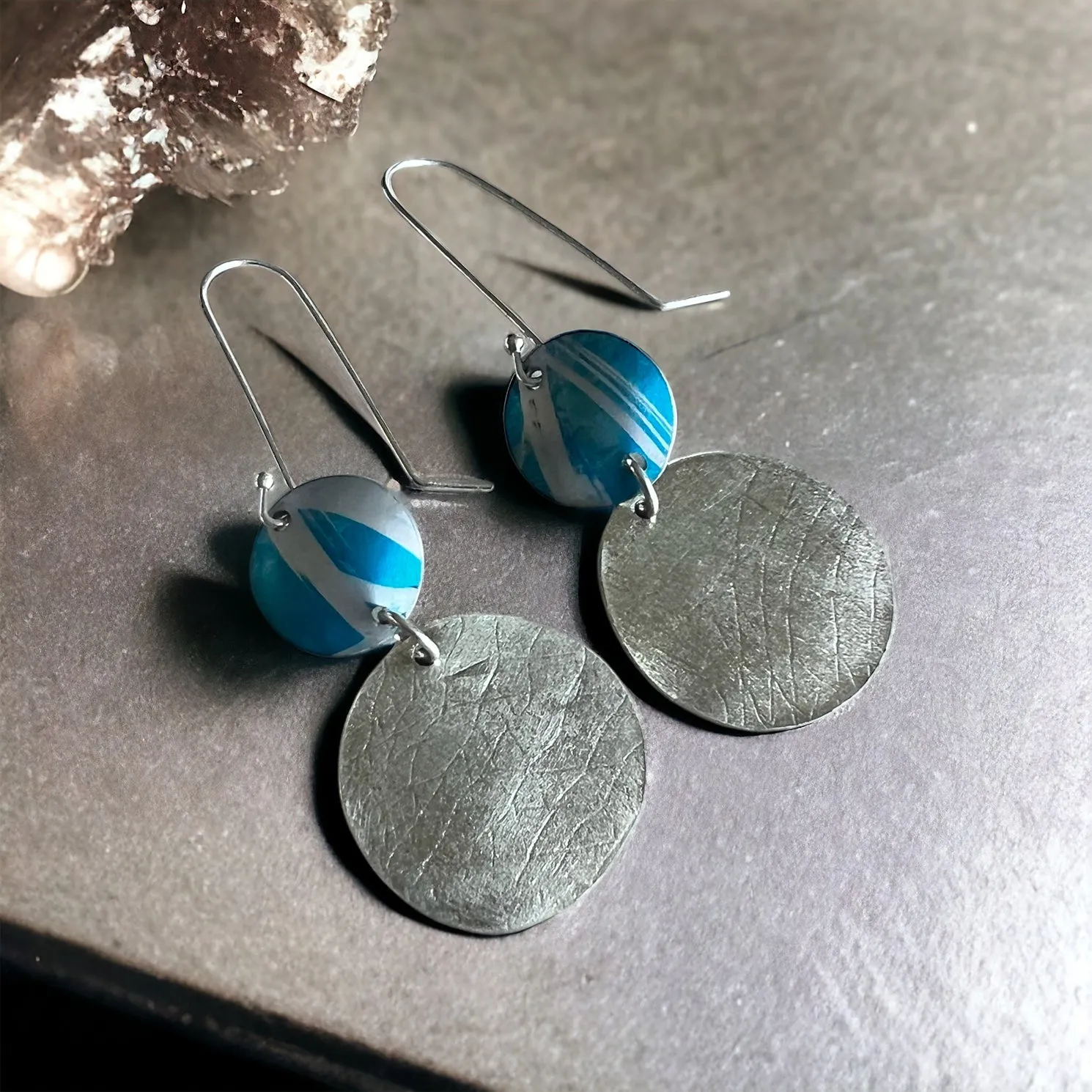 Double Sterling silver and blue anodized aluminium earrings.