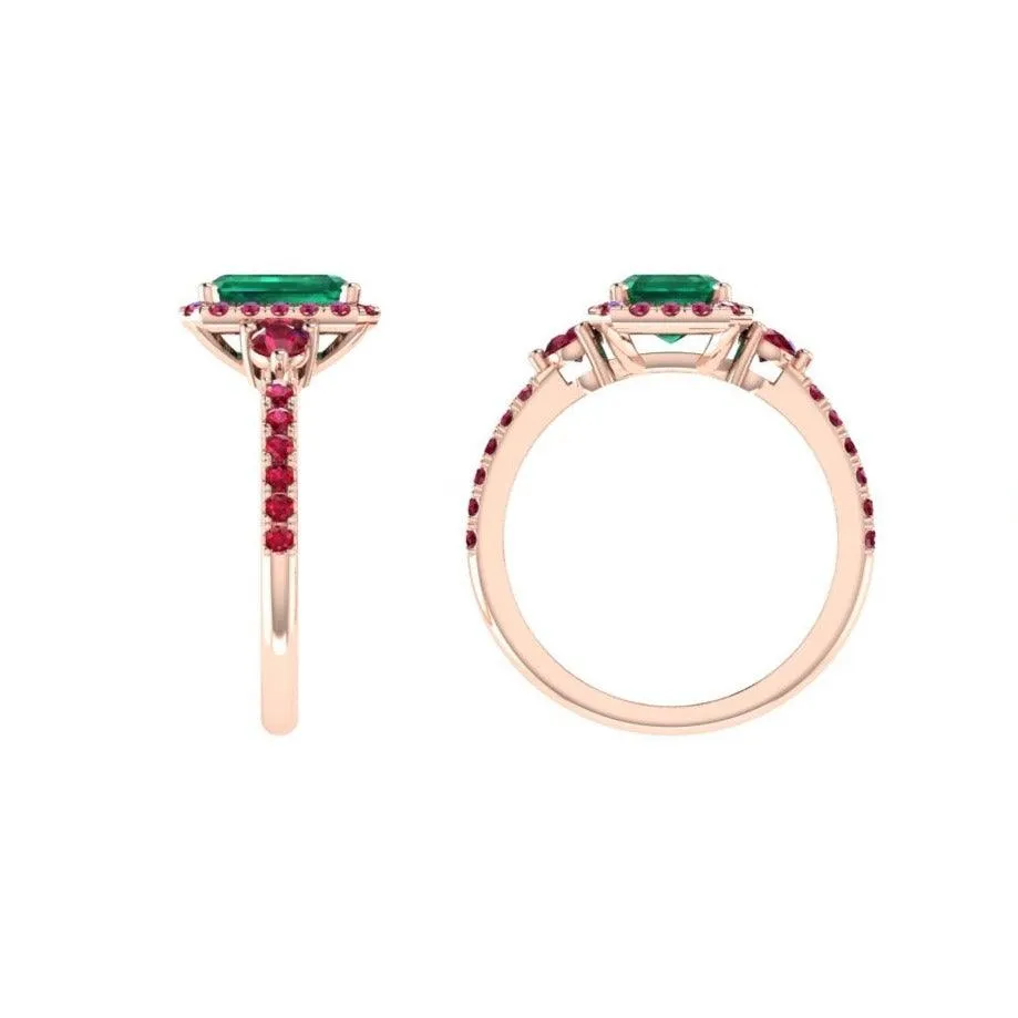 Emerald cut Emerald and Ruby Halo Ring