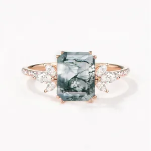 Emerald Cut Moss Agate & Moissanite Gold Cluster Engagement Ring