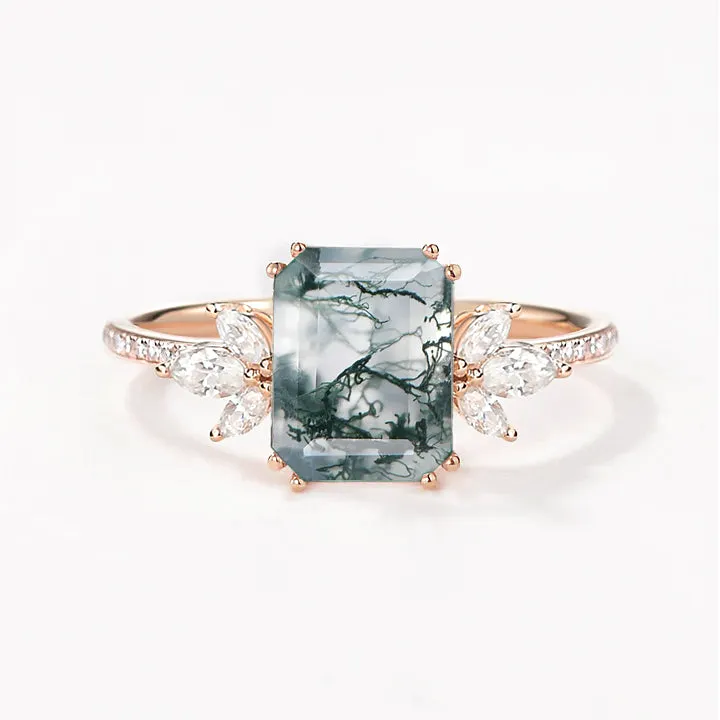 Emerald Cut Moss Agate & Moissanite Gold Cluster Engagement Ring